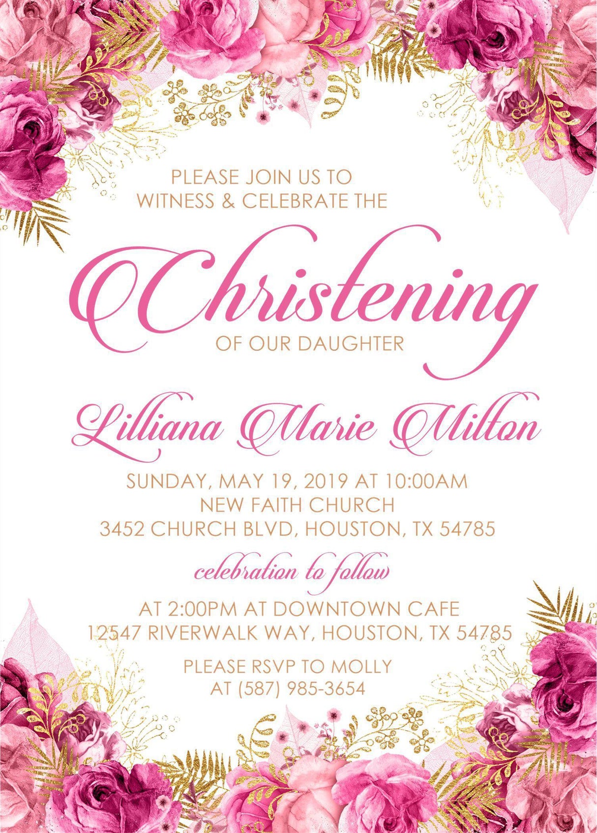 Pink And Gold Christening Invitations
