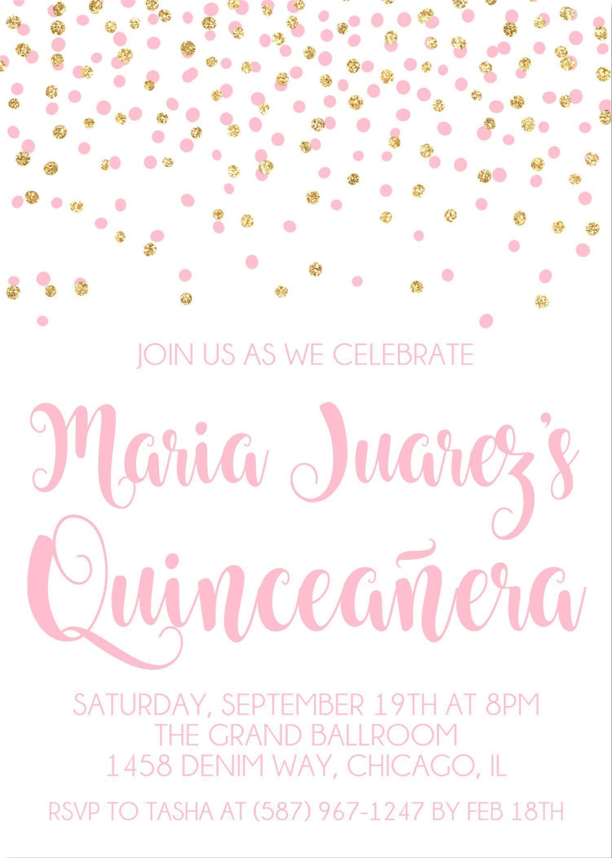 Pink And Gold Confetti Quinceanera Invitations