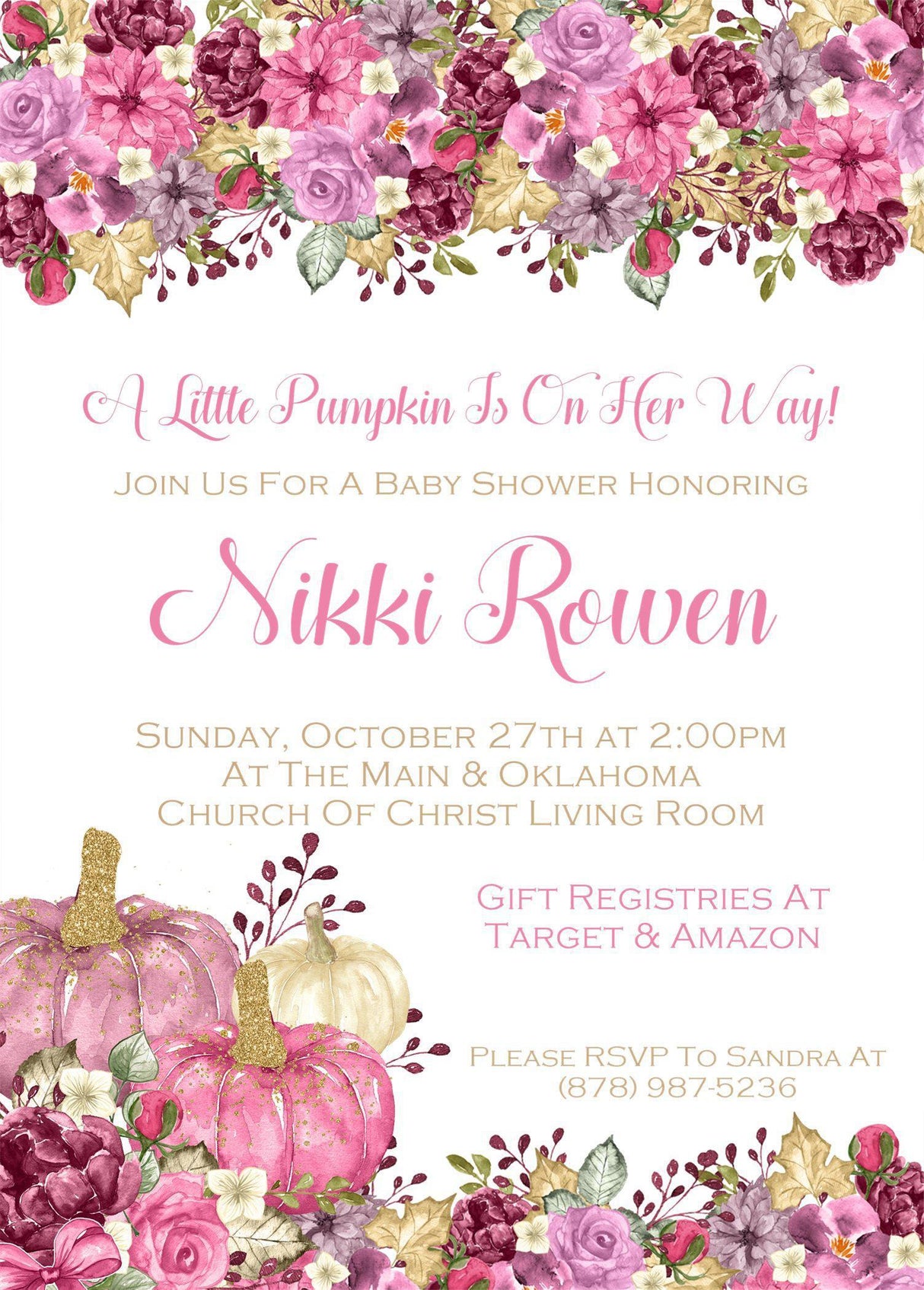 Pink Fall Pumpkin Baby Shower Invitations