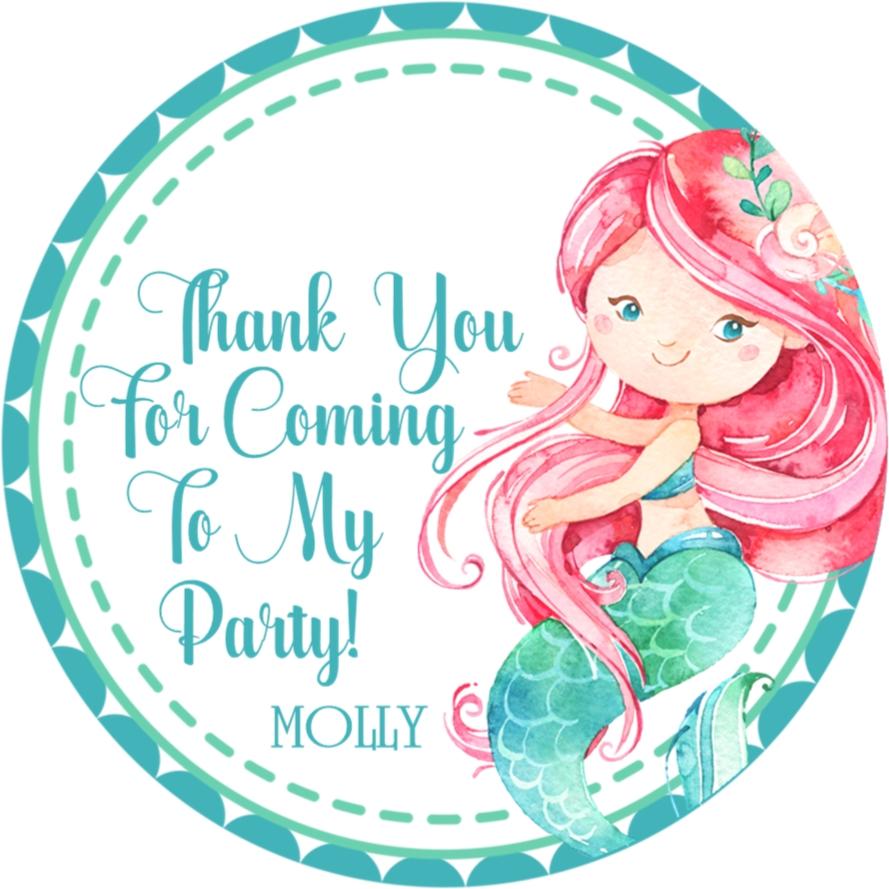 Pink-haired watercolor mermaid birthday sticker with teal tail