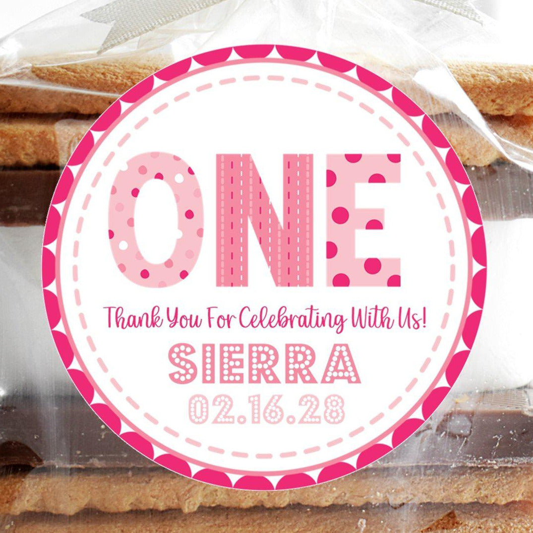 Pink ONE birthday sticker with personalized text