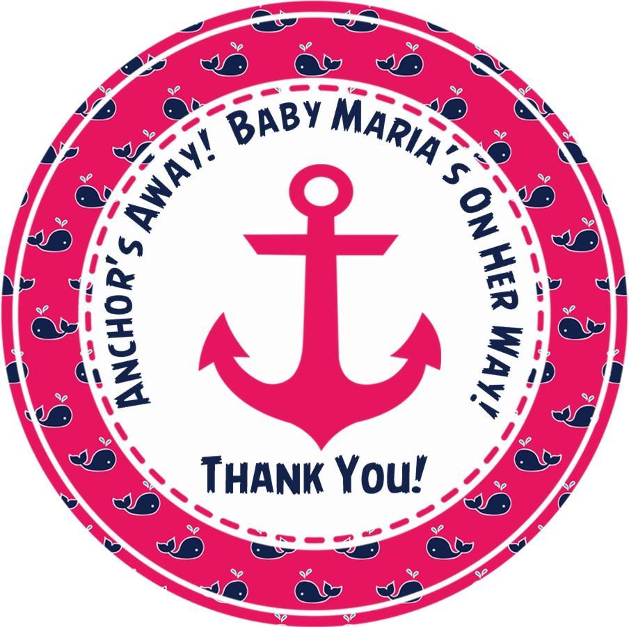Pink anchor and whale nautical baby shower sticker
