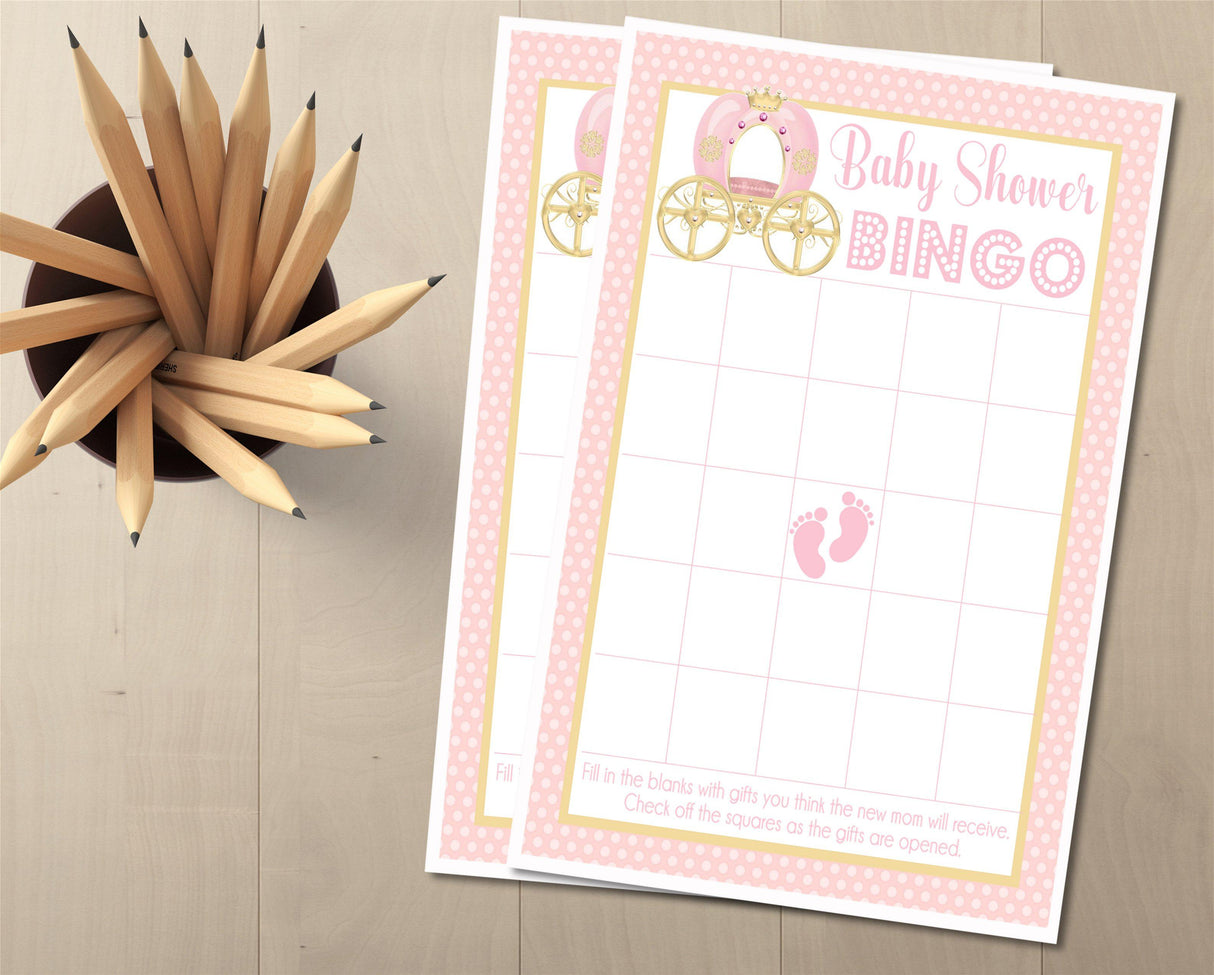 Pink and gold princess baby shower bingo cards printable PDF