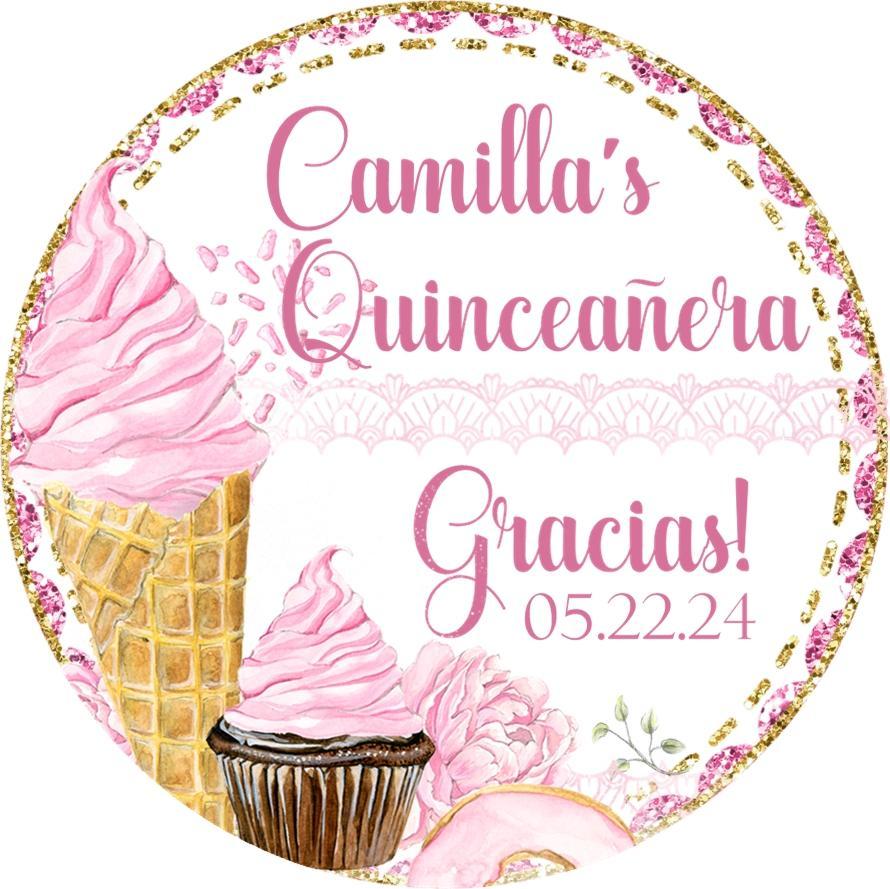 Pink and gold quinceañera stickers with candy and dessert design