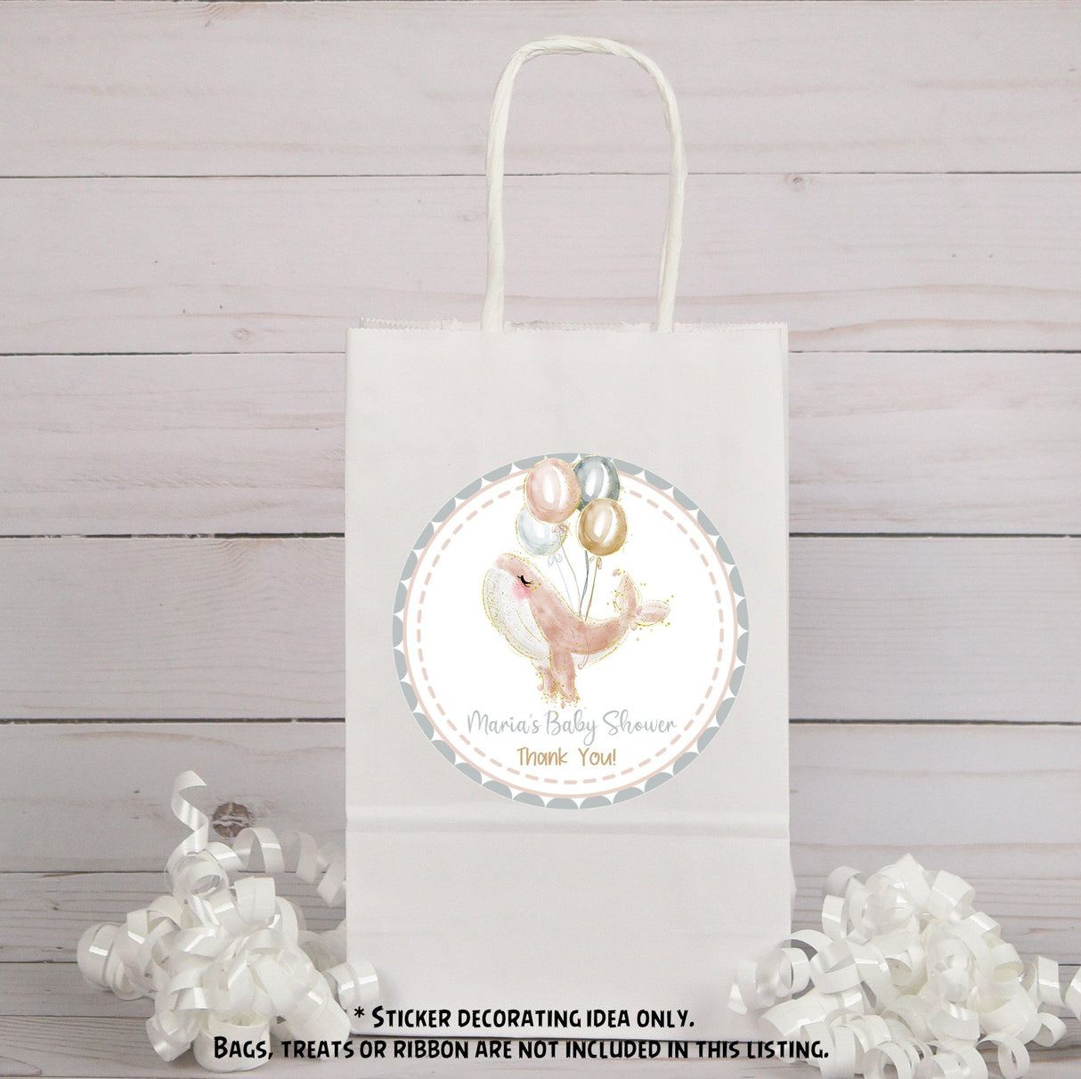 Pink and gold whale baby shower label
