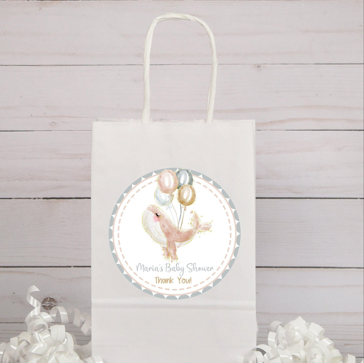Pink and gold whale baby shower label