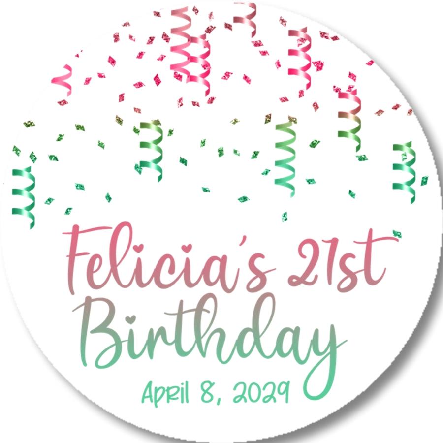 Pink and green confetti birthday sticker with custom name