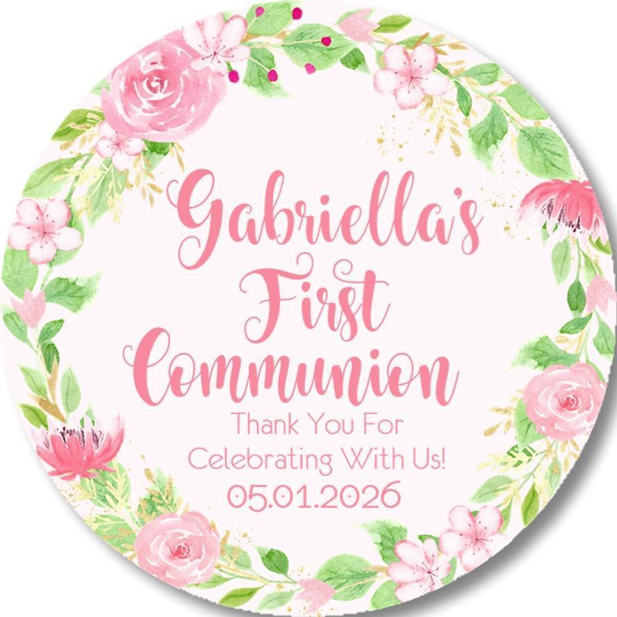 Pink and green floral First Communion sticker design
