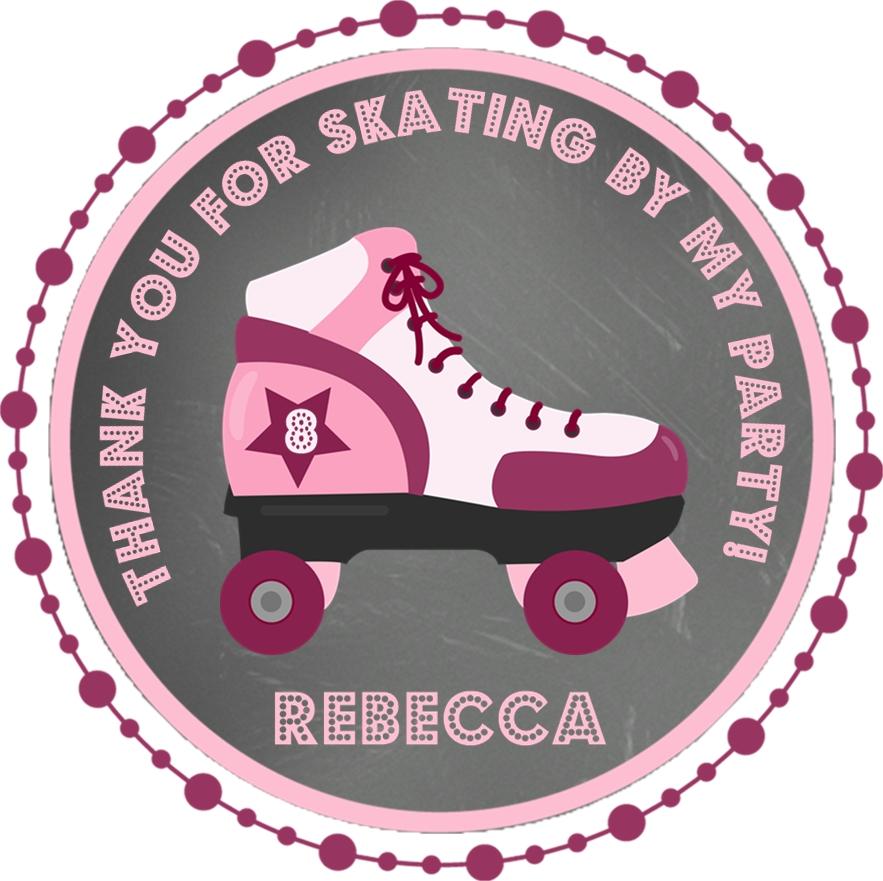 Pink and maroon roller skate party sticker with custom name Rebecca