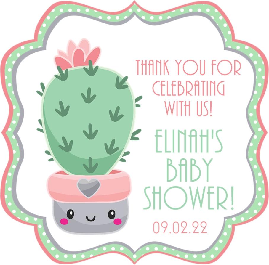Pink and mint cactus succulent baby shower sticker with flower accent.