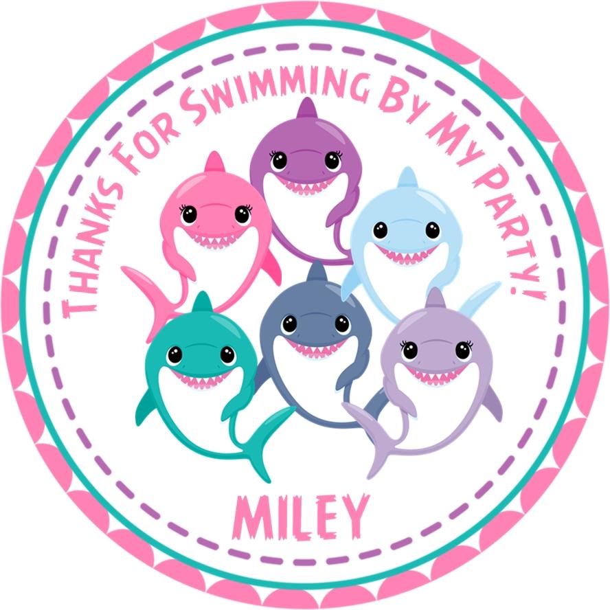Pink and teal baby shark birthday sticker with personalized name