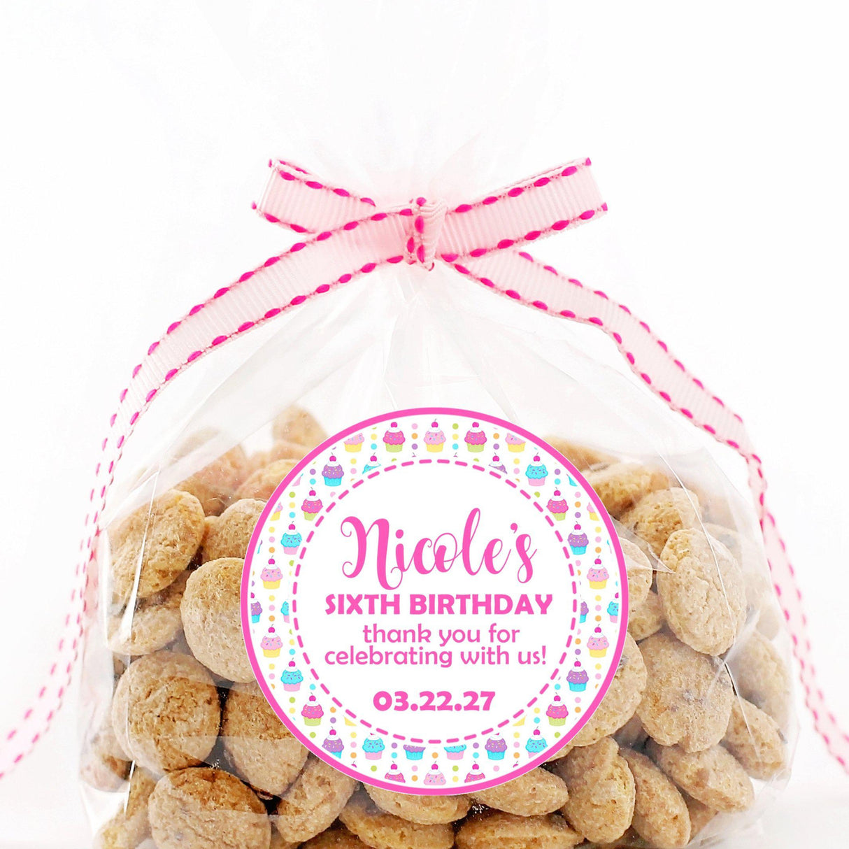 Pink and teal cupcake party favor label