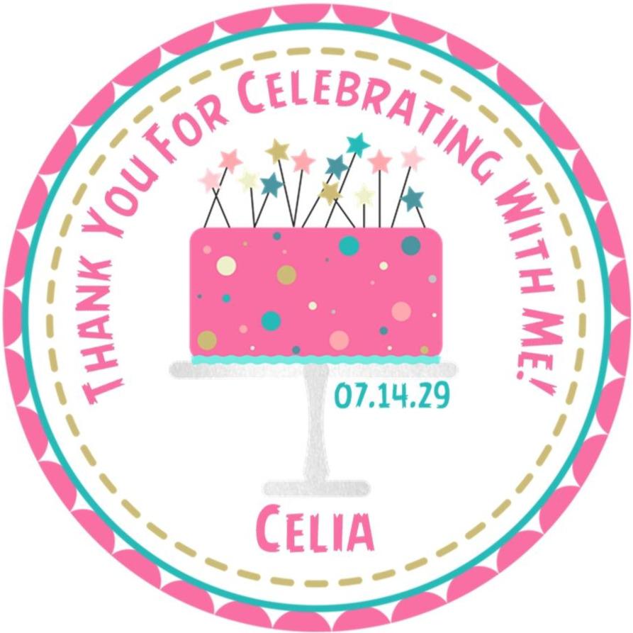 Pink and turquoise birthday cake sticker with stars