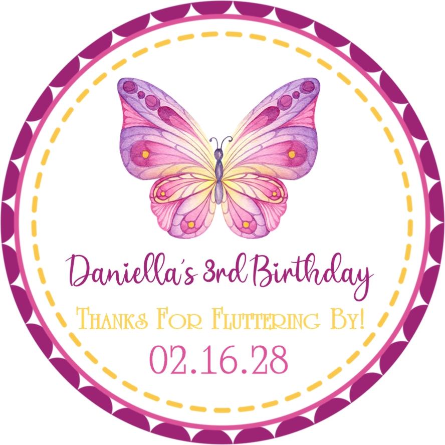 Pink and yellow butterfly birthday sticker with dotted border