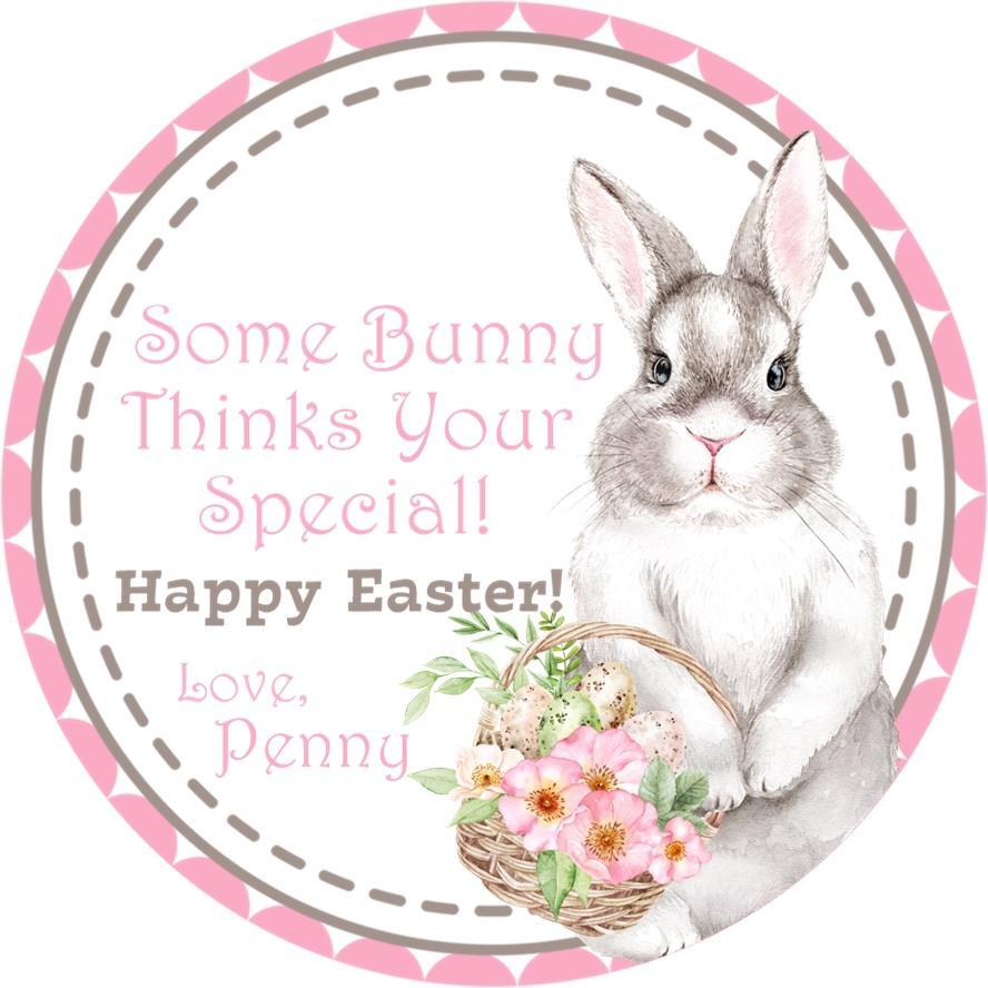 Pink basket bunny Easter sticker with flowers