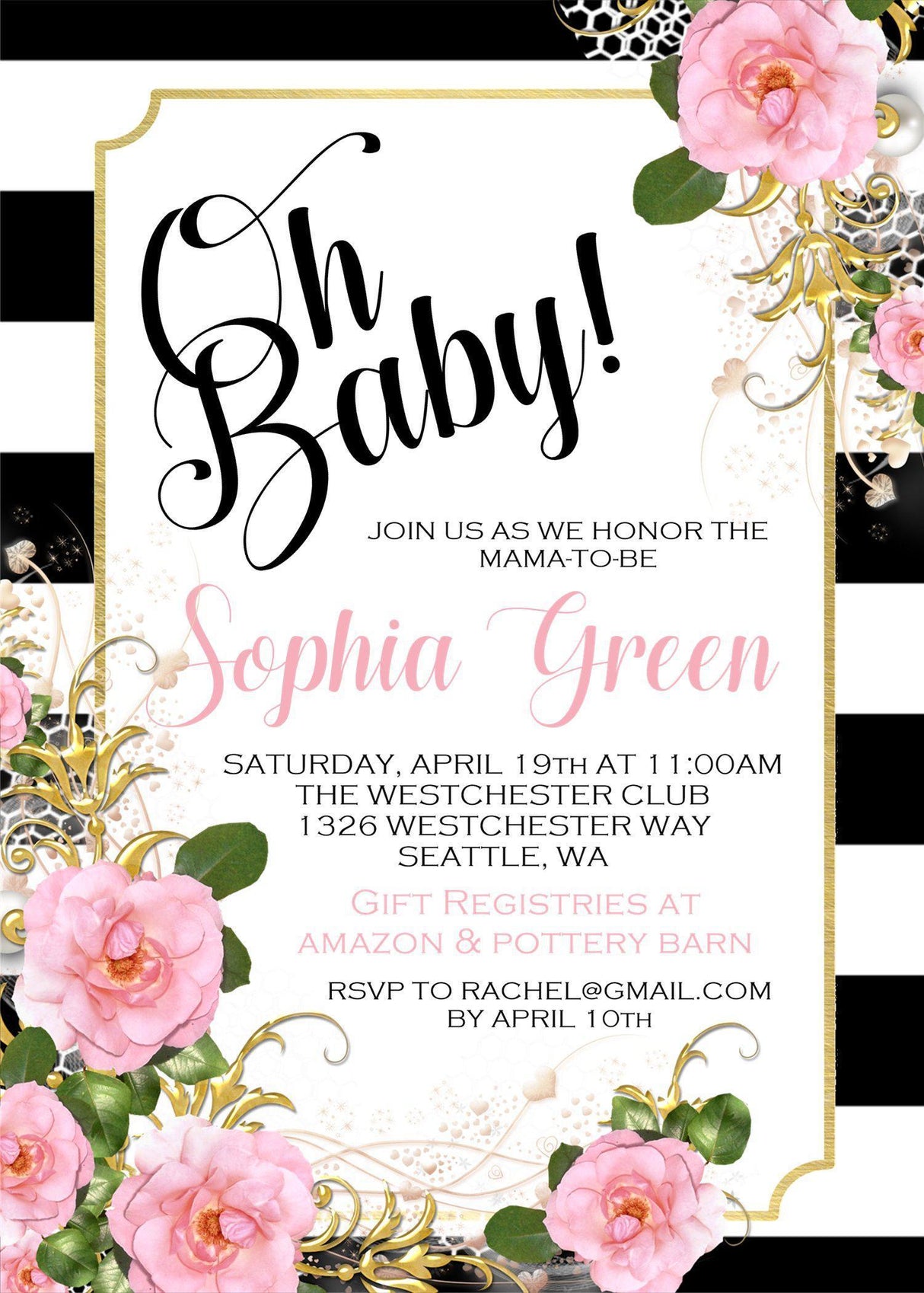 Pink black watercolor rose invitation cards elegant garden style