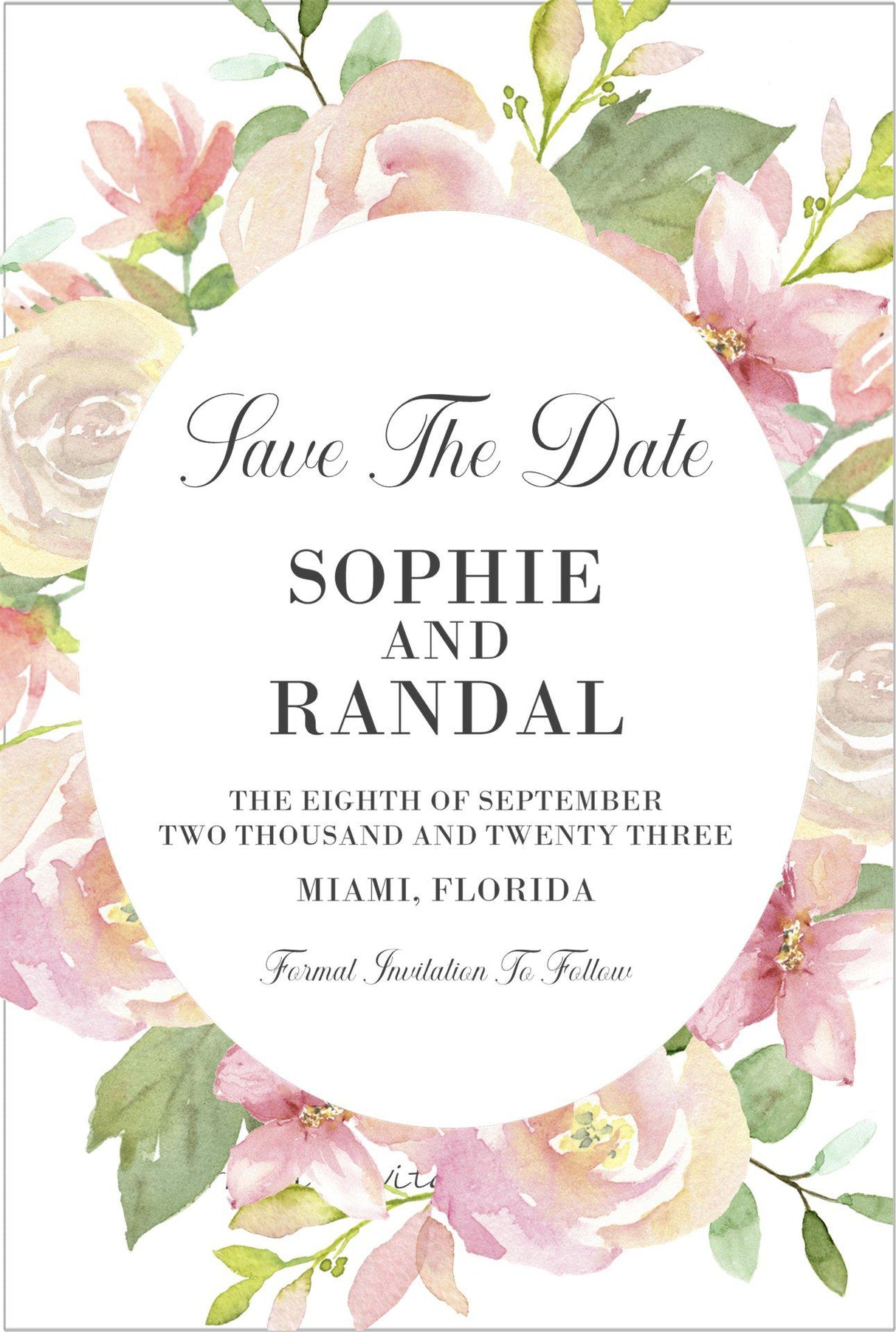 Pink blush green wedding save the date cards