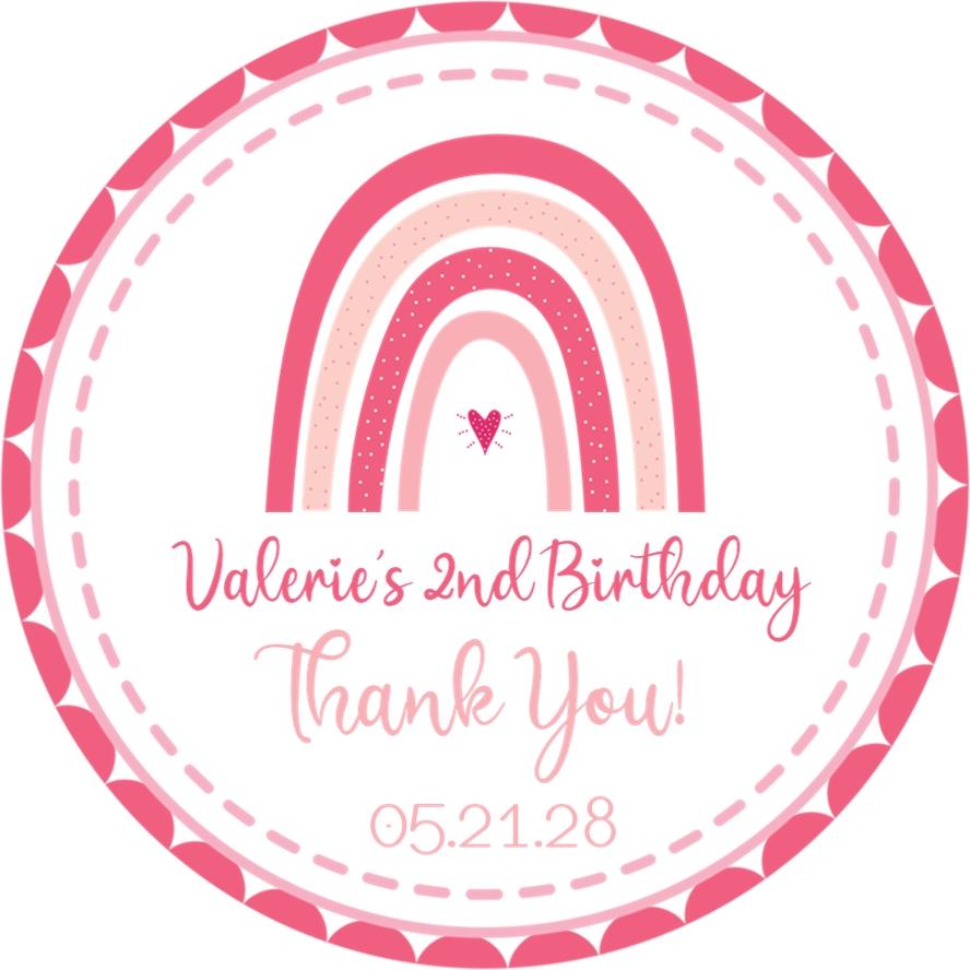 Pink boho rainbow birthday sticker with personalized text