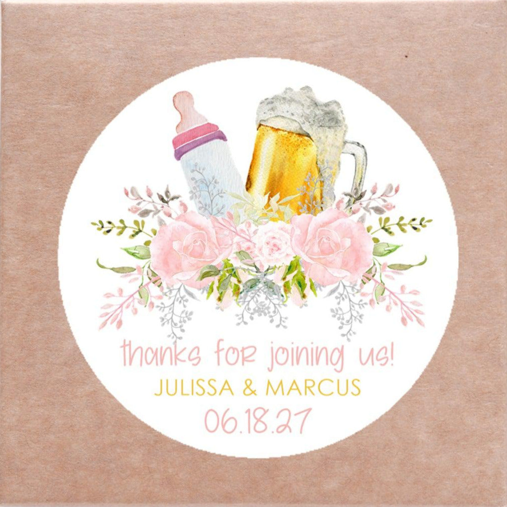 Pink bottles and beer baby shower stickers on white background