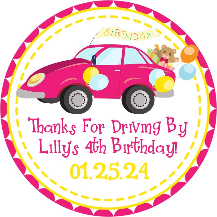 Pink car birthday parade sticker with balloons