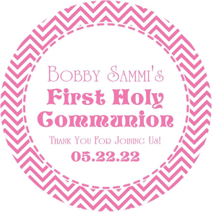 Pink chevron communion sticker with name