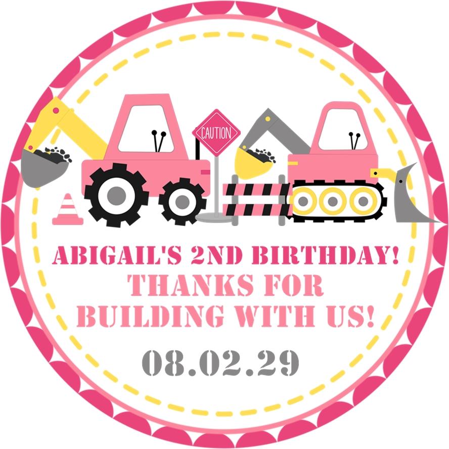 Pink construction birthday stickers with diggers and cones