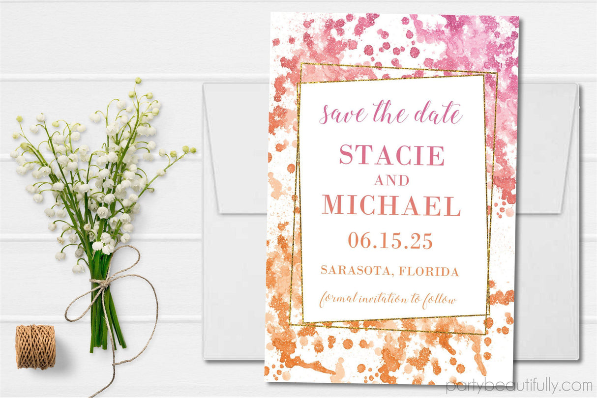 Pink copper gold wedding save the date announcements
