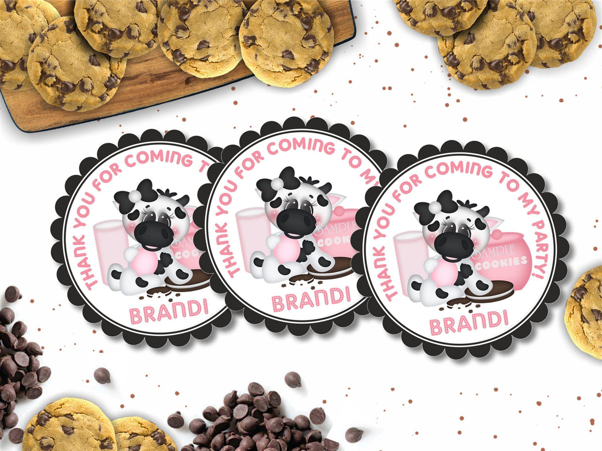 Pink cow birthday favor label with cookies and milk