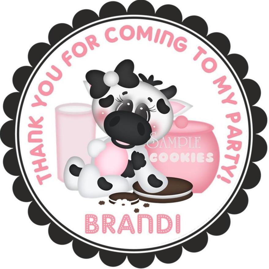 Pink cow milk and cookies birthday sticker with scalloped border