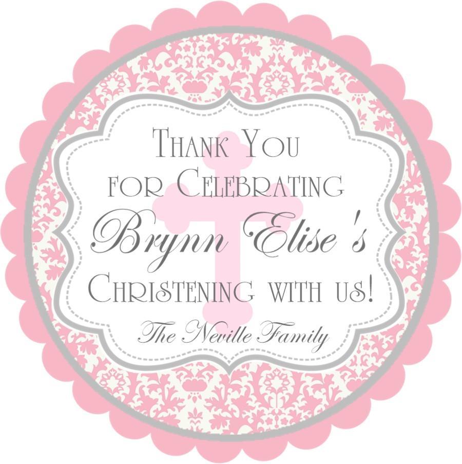 Pink damask christening sticker with decorative frame