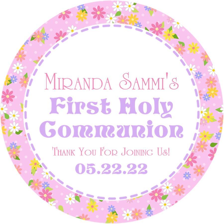 Pink floral First Holy Communion stickers personalized