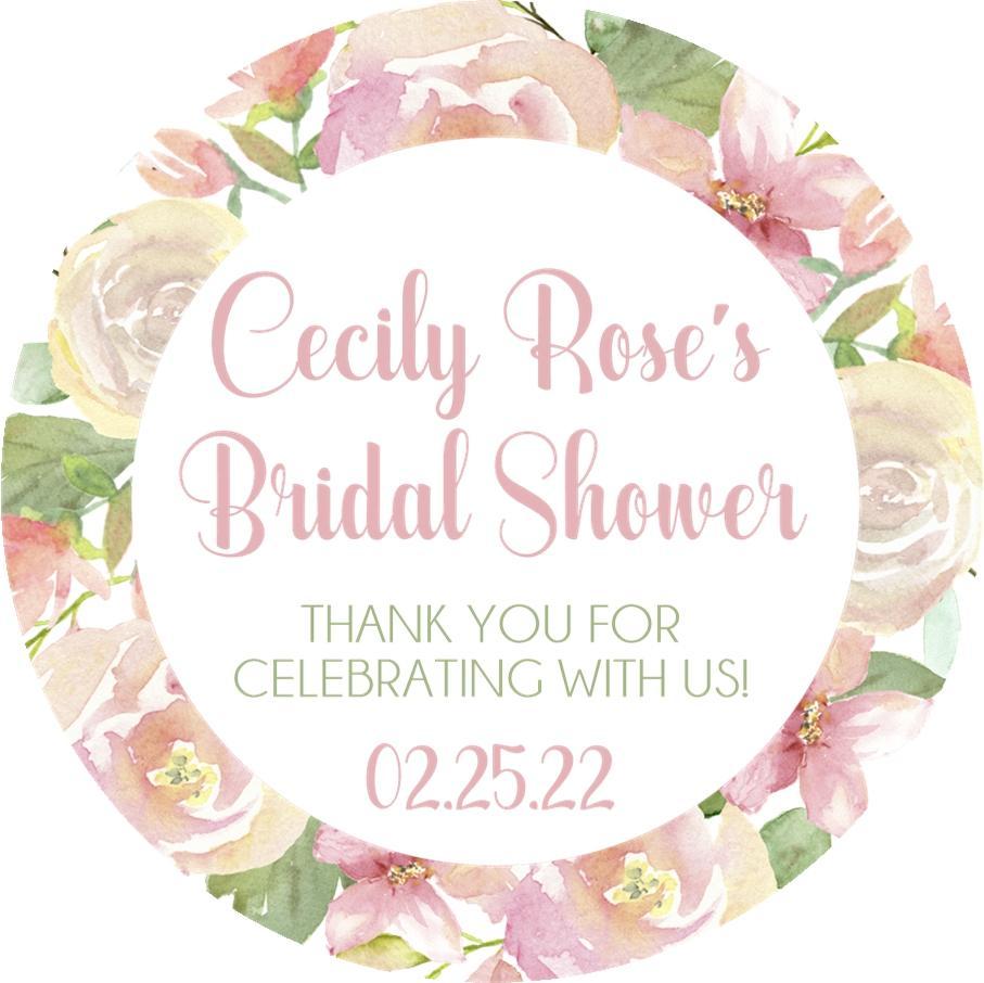 Pink floral bridal shower stickers with watercolor flower wreath