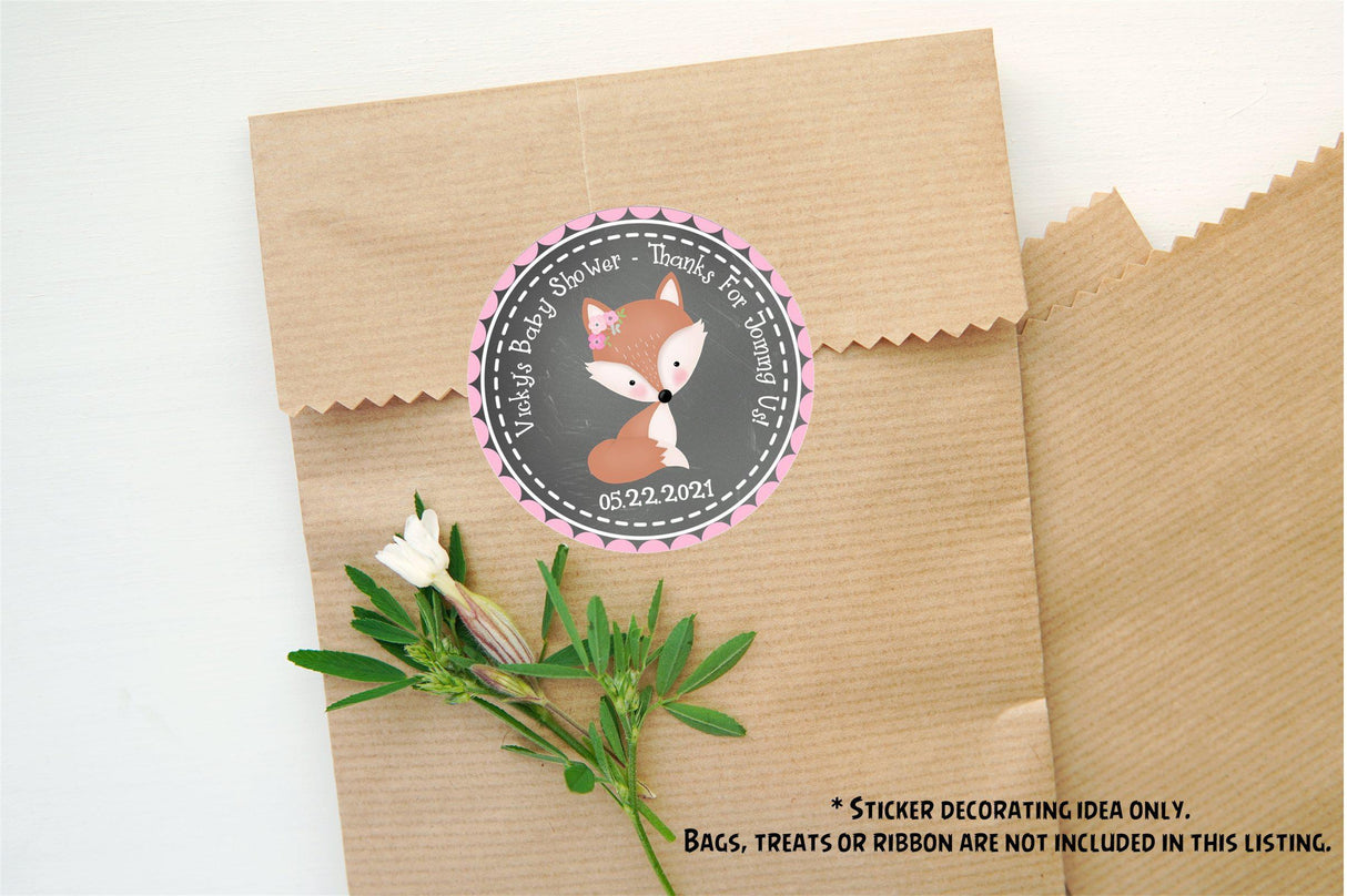 Pink floral fox baby shower label