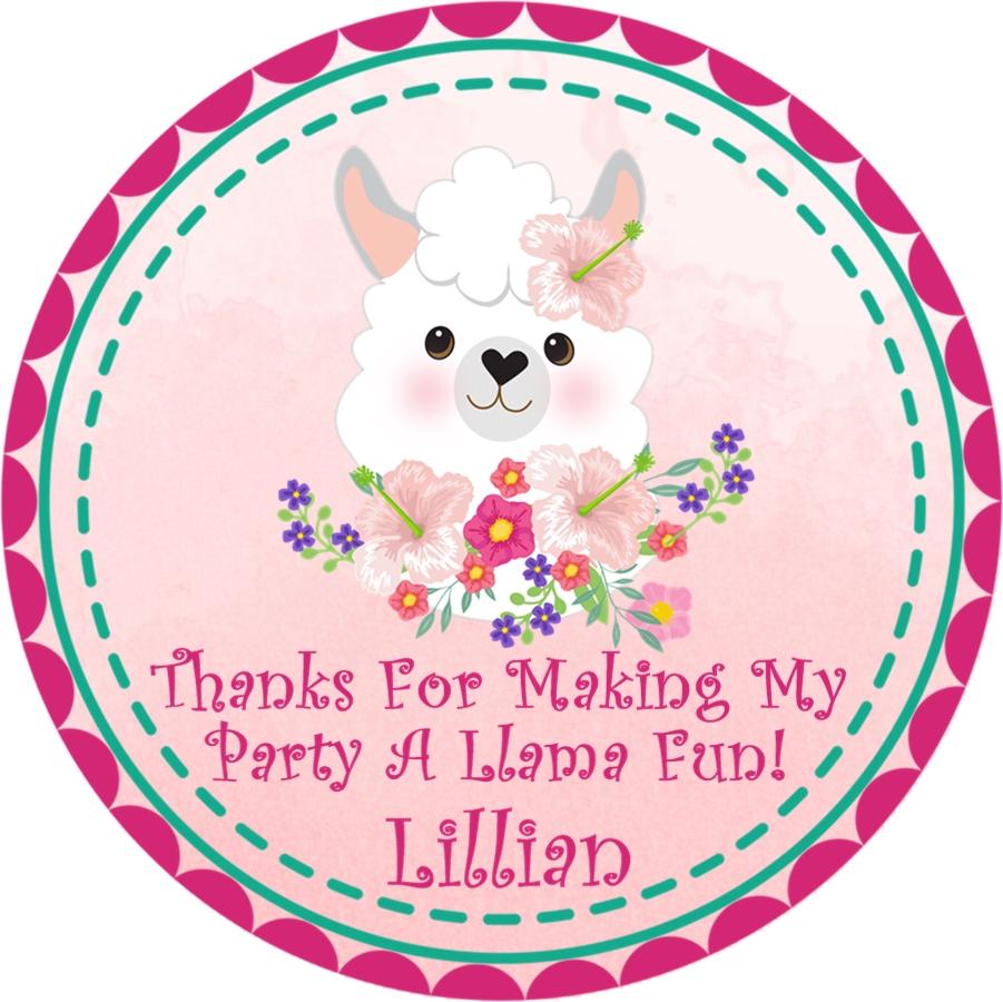 Pink floral llama birthday sticker with hibiscus flowers