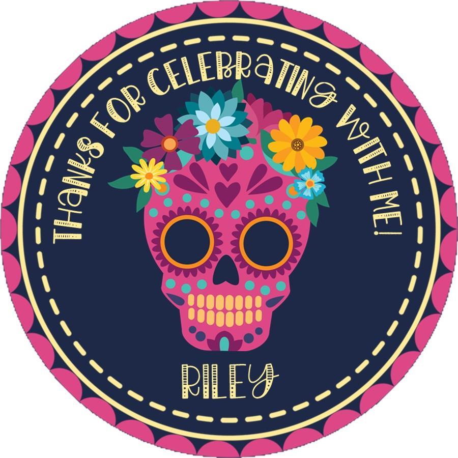 Pink floral sugar skull birthday sticker with personalized text