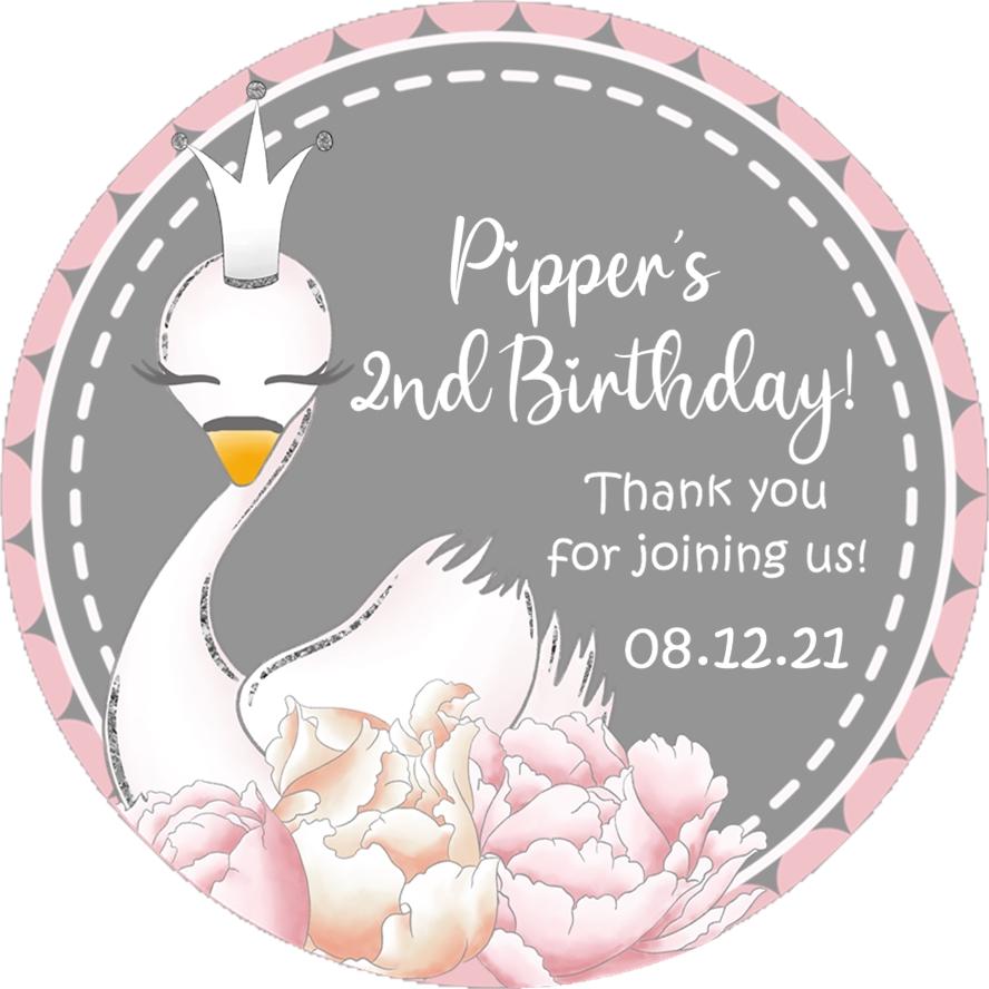 Pink floral swan birthday sticker with white swan illustration