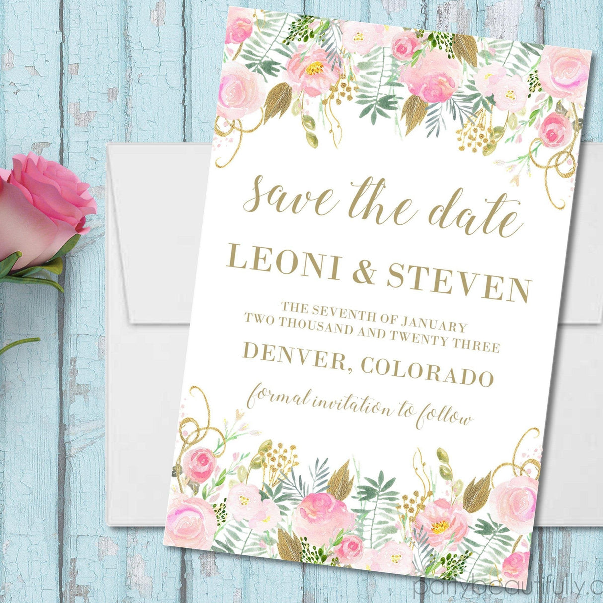 Pink gold wedding save the date cards