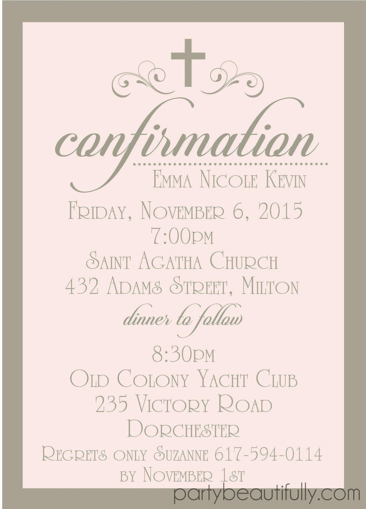 Pink gray confirmation invitation suitable for religious celebrations
