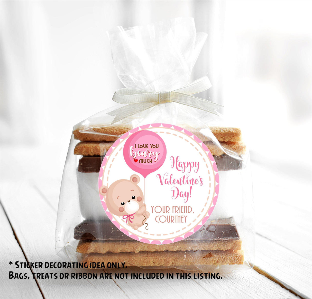 Pink heart bear Valentine sticker for school treat bags
