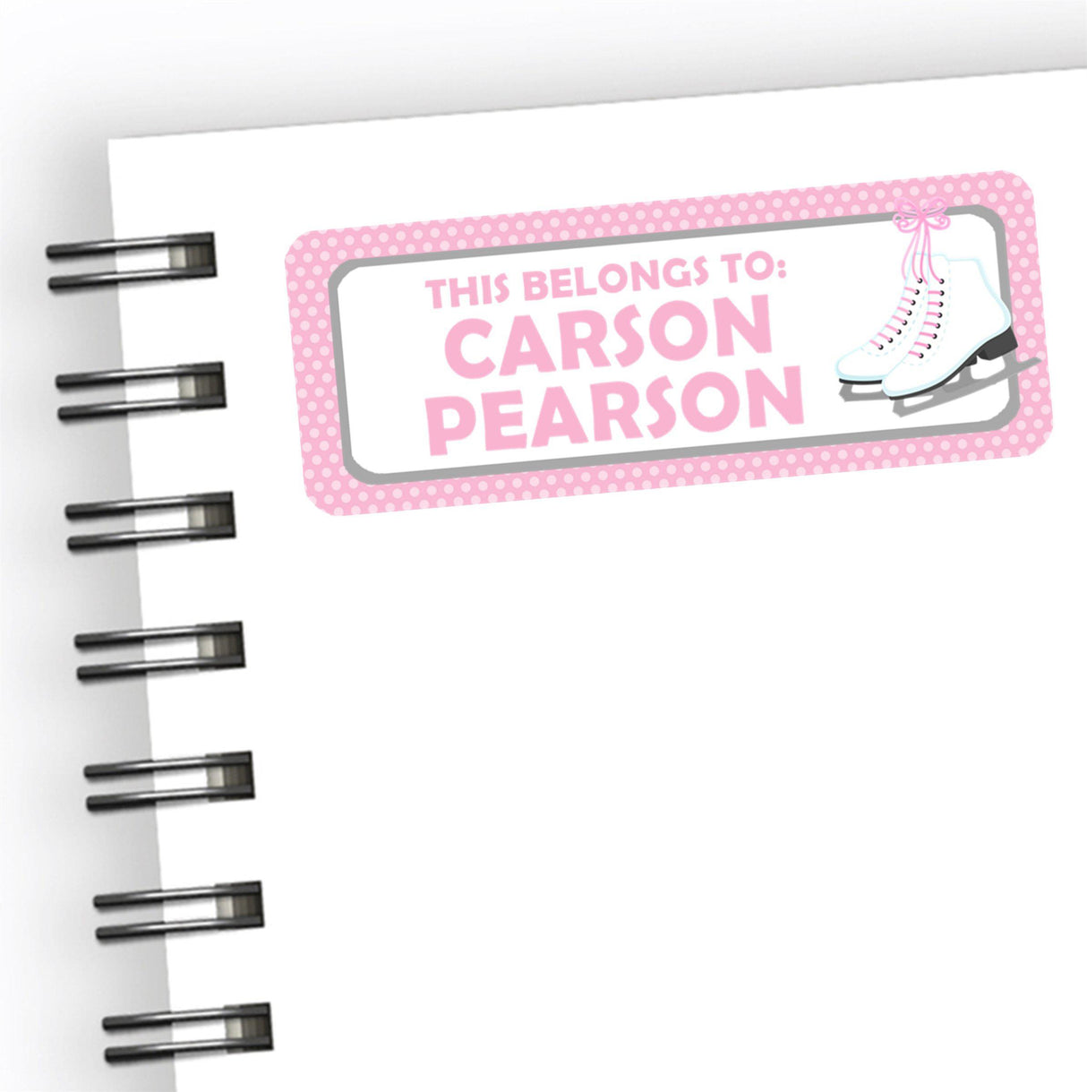 Pink ice skating back to school name labels with ice skate illustration