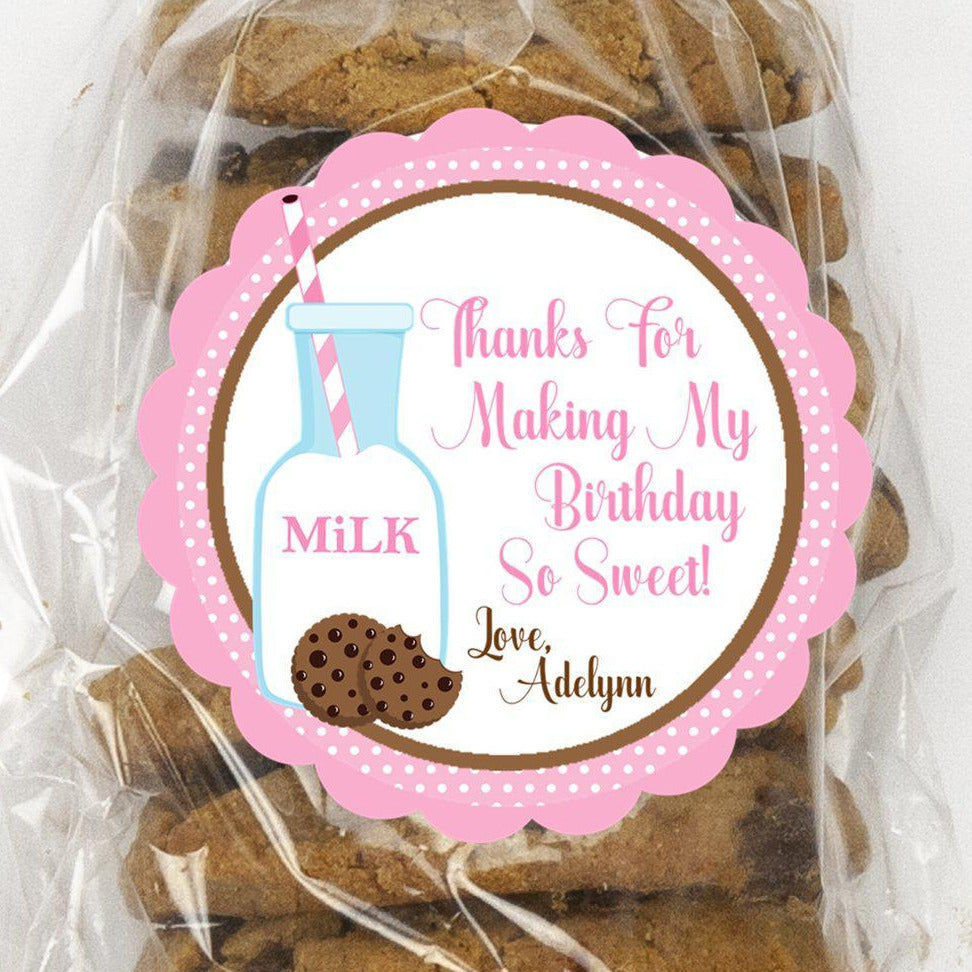 Pink milk and cookies birthday sticker with personalized name