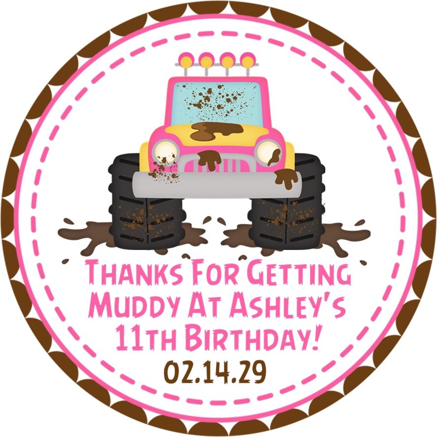 Pink mudding monster truck birthday sticker