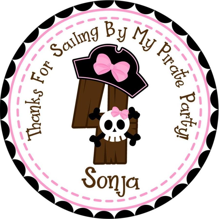 Pink pirate birthday sticker with bow and skull illustration