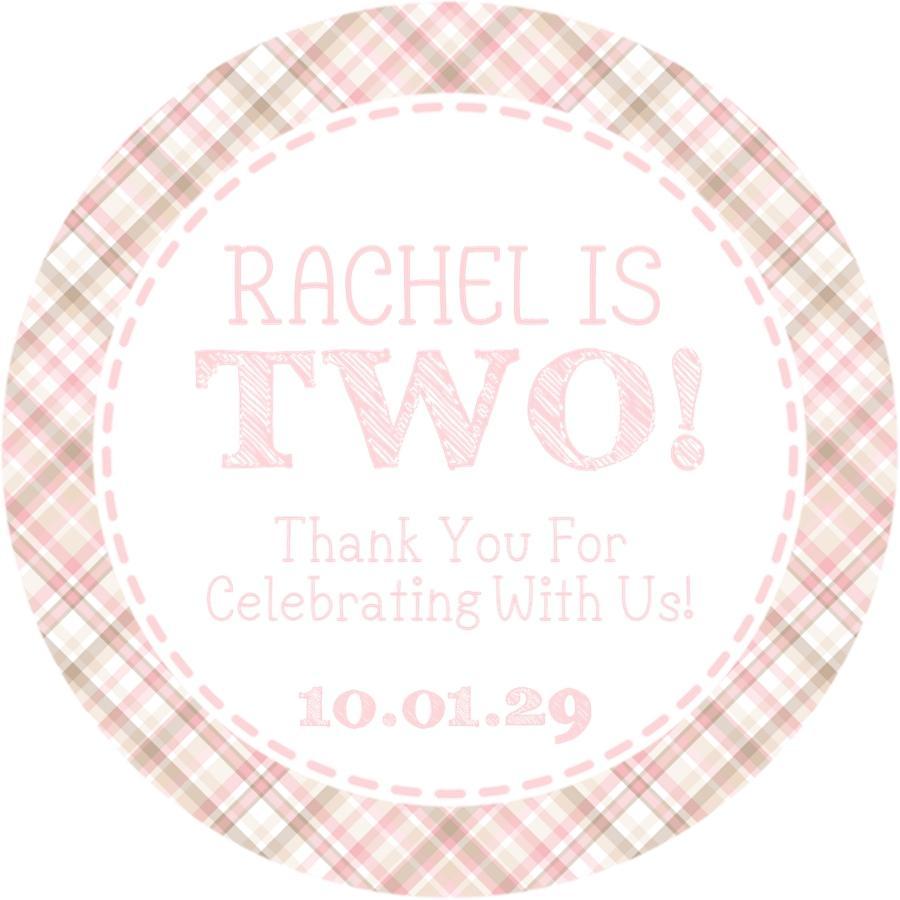 Pink plaid birthday sticker with personalized name