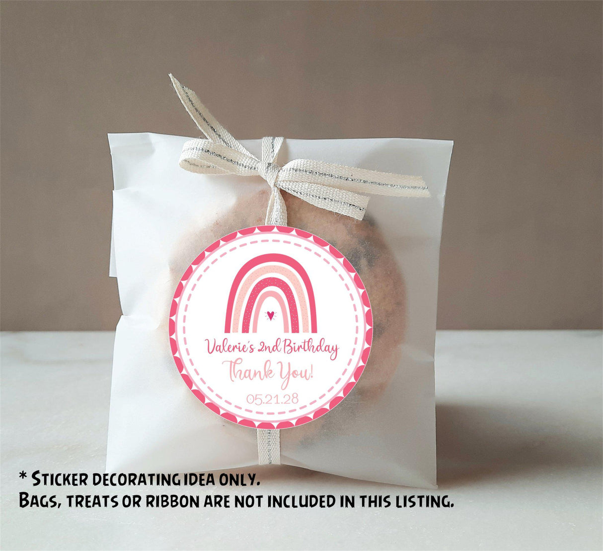 Pink rainbow party favor label for girls’ birthday