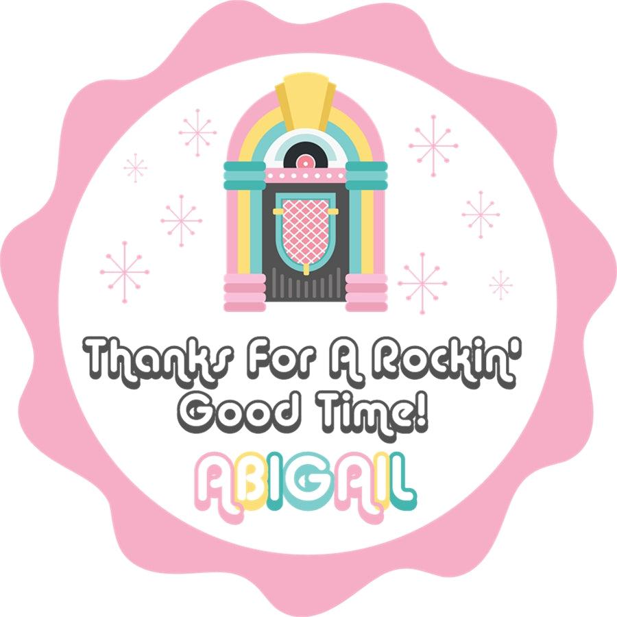 Pink retro jukebox birthday sticker with scalloped edge