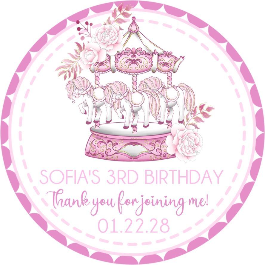 Pink rose carousel birthday sticker with floral accents