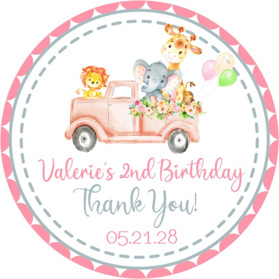 Pink safari drive-by birthday sticker with jungle animals and balloons