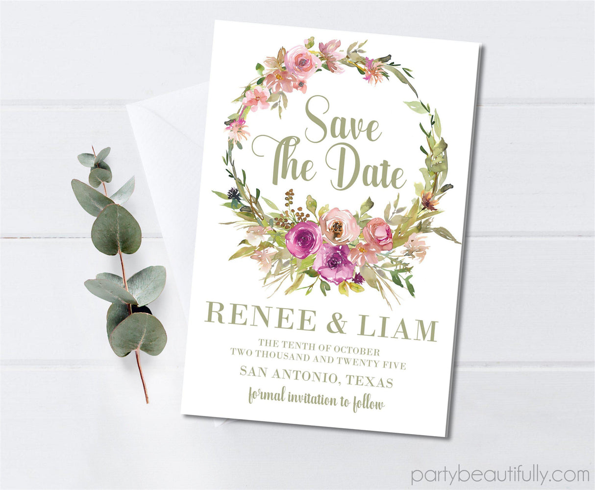 Pink sage green wedding save the date cards