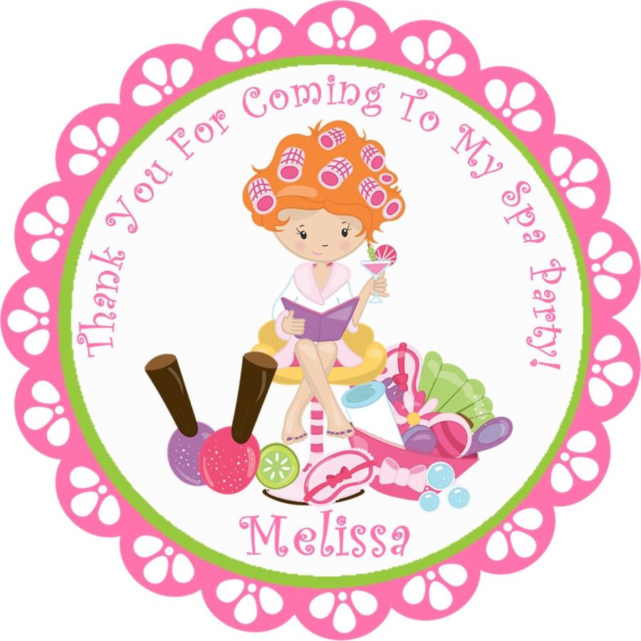 Pink spa party favor label with rollers and beauty accessories